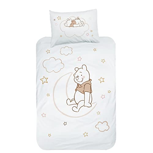 MTOnlinehandel Winnie The Pooh - Juego de cama de franela, 1 funda de almohada de 40 x 60 cm y 1 funda nórdica de 100 x 135 cm, ropa de cama infantil Winnie Pooh, luna y estrellas