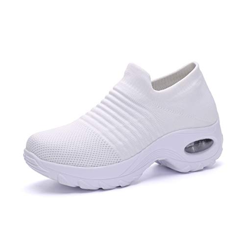 DEBAIJIA Zapatos Deportivas Mujer Trabajo Zapatillas Mesh Ligero Transpirable Correr Gimnasio Sneakers 35 EU Blanco (Tamaño Etiqueta-35)