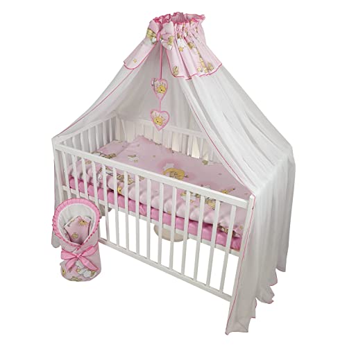 Bello24 - Juego completo de 12 piezas de cuna y ropa de cama HAPPY regulable en altura para recién nacidos y niños pequeños de madera maciza en fantásticos dibujos y colores (Rosa - Osito en escalera)