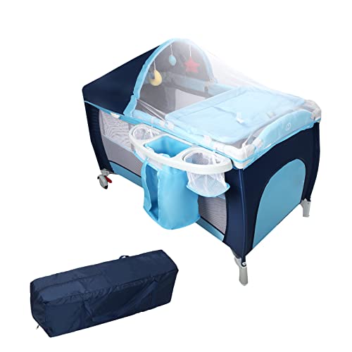 LIFEZEAL Cuna Paraguas Plegable 3 en 1 con colchón y Cambiador, Cama de bebé con mosquitera, Cesta de Almacenamiento y Bolsa de Transporte para 0-36 Meses（Azul）