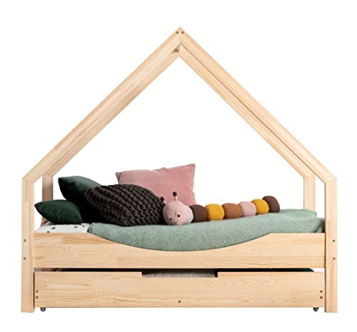 ahoj baby Cama de casa con cajón para niños, cama Montessori, sólida hecha a mano para niños pequeños, cama infantil, marco de cama, cama de Cottage, cuna pequeña (80 x 160 cm)