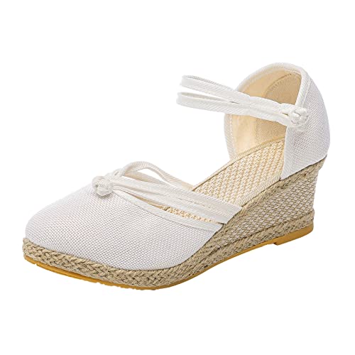 Zapatos de hospital Mujer Oso Zapatos de mujer Sandalias de lino Plataforma Sandalias de Cuña Moda Versátil Hebilla Trenzada Transpirable Cuña Sandalias Zapatos Verano Mujer, Blanco, 39 EU