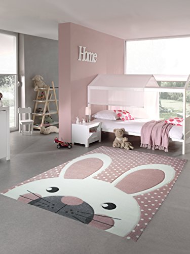 Alfombra de los niños alfombra de juegos conejito rosa gris crema Größe 80x150 cm