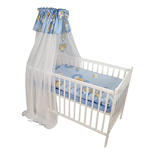 Bello24 - Juego completo de 11 piezas de cuna y ropa de cama HAPPY regulable en altura para recién nacidos y niños pequeños de madera maciza en fantásticos dibujos y colores (Azul - Osito en escalera)