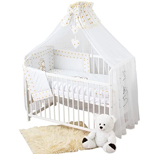 Bello24 - Juego completo de ropa de cama de bebé 10 piezas de algodón 100% bordado con un oso de peluche y corazón con mosquitera en fantásticos colores (oro, 60 x 120 cm)