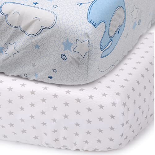 PEKITAS Sábana Bajera Ajustable 60x120 cm Cuna Universal Algodón Elástico Bebé Suave (Elefante Azul + Estrellas)
