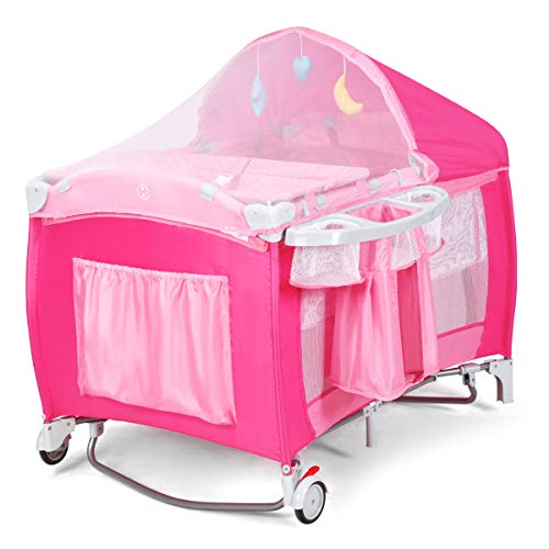 LIFEZEAL Cuna Paraguas Plegable 3 en 1 con colchón y Cambiador, Cama de bebé con mosquitera, Cesta de Almacenamiento y Bolsa de Transporte para 0-36 Meses（Rosa）