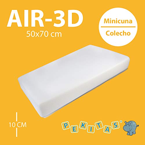 PEKITAS - Colchón Minicuna 50x70 cm Medidas Personalizables Funda AIR-3D Transpirable Antiahogo Con Cremallera Lavable Grosor 10cm Interior Espuma Blanca Fabricado en España