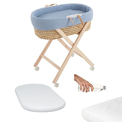 COOL · DREAMS - Moisés para bebé (vestidura de algodón Gofre Blue + colchón Perforado + Estructura de Tijera + Regalo 2 bajeras Impermeables)