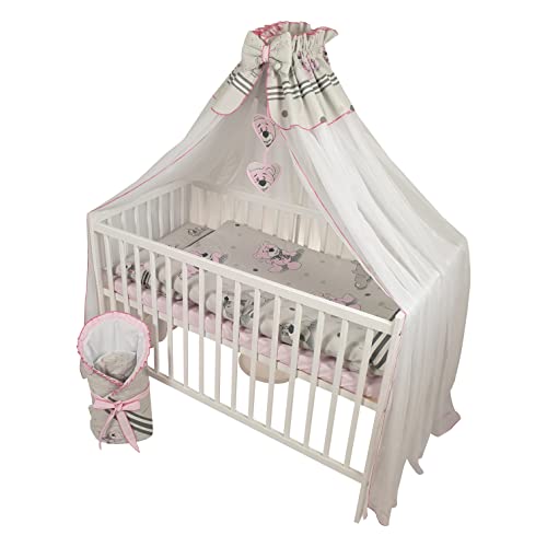 Bello24 - Juego completo de 12 piezas de cuna y ropa de cama HAPPY regulable en altura para recién nacidos y niños pequeños de madera macizas (Gris - Osito con diente de león)