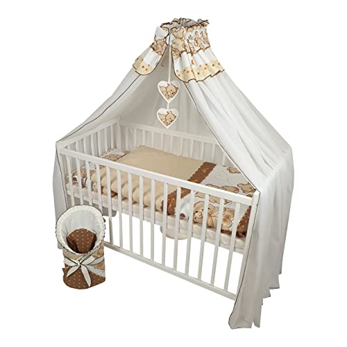 Bello24 - Juego completo de 12 piezas de cuna y ropa de cama HAPPY regulable en altura para recién nacidos y niños pequeños de madera maciza en fantásticos dibujos y colores (Beige - Peluches)