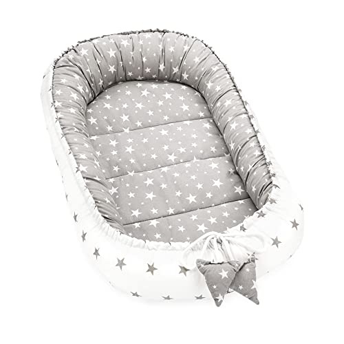 Nido bebe recien nacido De dos caras 90x50 cm - Reductor de cuna bebe Algodon Gofre Estrellas Gris-Blanco