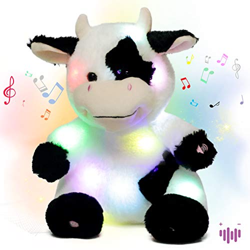 Hopear Música LED rellena la luz de la Vaca hasta Cantar pelupelujuguete Volumen ajustcanción de Cuna Animada Regalos de cumpleaños Soothe para niños niñas de 1 a 3 años, 33cm