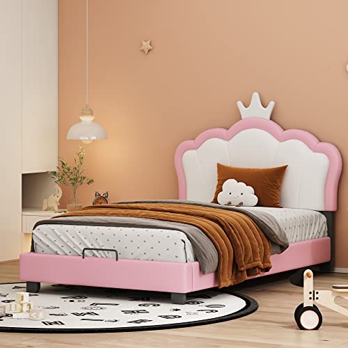KecDuey Cuna acolchada de 90 x 200 cm, con somieres y respaldo, cama para niñas con forma de corona, rosa (colchón no incluido) (rosa 90 x 200 cm)
