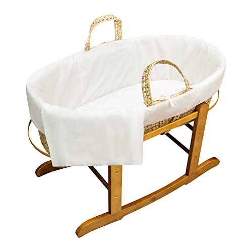 Kinder Valley First Baby Bed Bundle - Cesta de moisés Tejida a Mano con Soporte de balancín Natural de Lujo, sábana Bajera Plana y Manta Celular de algodón Crema