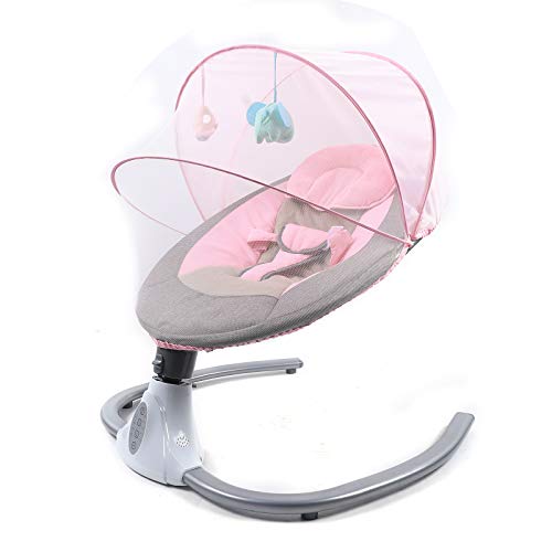 Balancín eléctrico para bebé con música y asiento, útil desde el nacimiento hasta los 12 meses, incluye juguetes, mando a distancia, mosquitera extraíble y capota (rosa)