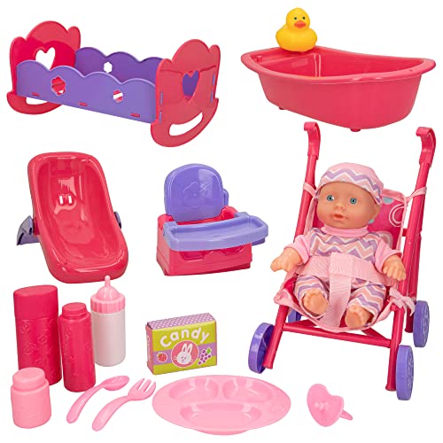 COLORBABY 49583 - Muñeca bebé para niñas con accesorios y ropita / Muñeca pequeña, Bebé tamaño 20cm / Incluye carrito, bañera. trona, cuna, accesorios para comer / Juguetes para niñas