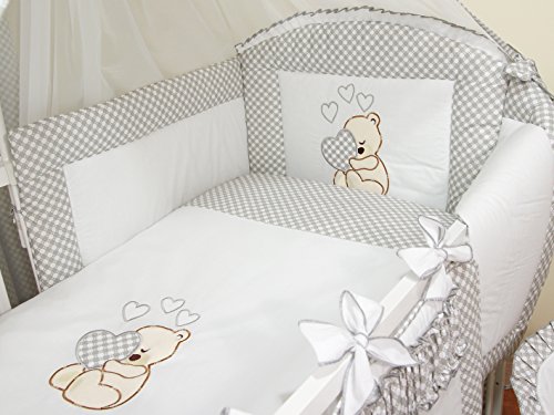 Ropa de cama para cuna de bebé, 100% algodón, conjunto completo de 3 piezas con funda de edredón, funda de almohada y protector de cuna, diseño bordado de osito gris gris Talla:120x60cm