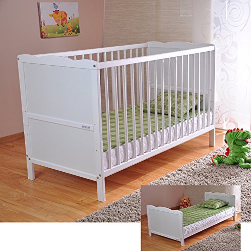 Cuna de rejilla para bebé con colchón de espuma de aloe vera y rieles dentados de altura regulable, color blanco, convertible en cama infantil