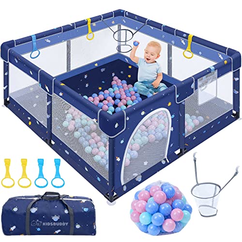 Kidsbuddy Parque infantil para bebé, 130 x 130 cm, diseño antideslizante, con malla transpirable, juego de 30 bolas, parque infantil, color azul oscuro