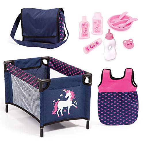 Bayer Design- Juego, Accesorios para muñecos bebé, 11 en 1, Kit Cuna de viaj, Saco de Dormir, Bolsa Bandolera y Productos de Cuidado, Color azul rosa con unicornio (61754AC) , color/modelo surtido