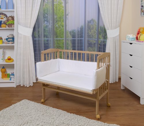 WALDIN Cuna colecho para bebé, cuna para bebé, con protector y colchón, natural sin tratamiento,color textil blanco