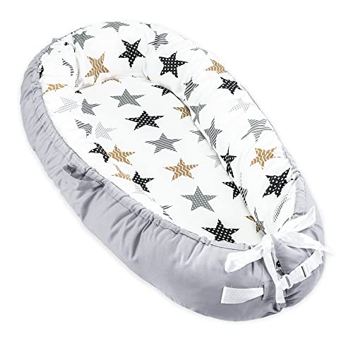 Nido bebe recien nacido con asa 90x50 - Reductor de cuna plegable ninho para bebe con funda desenfundable Algodón Estrellas blancas