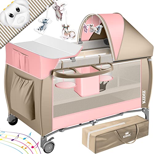 KIDIZ® Cuna de bebé 3 en 1 cama de viaje, combi set, cama de bebé con cambiador, mosquitero corral de juego, rosa/beige