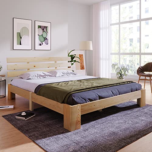 Merax Cama doble de madera maciza de 200 x 140 cm, cama de madera con cabecero y somier, estructura de madera de pino macizo FSC para cama matrimonial, cama juvenil, cuna, color roble