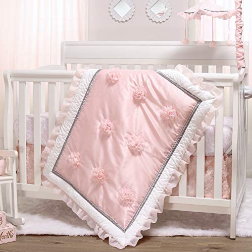 The Peanutshell Juego de ropa de cama para cuna rosa para niñas | 3 piezas Arianna Nursery Set | Colcha de cuna, sábana bajera ajustable para cuna y volantes antipolvo