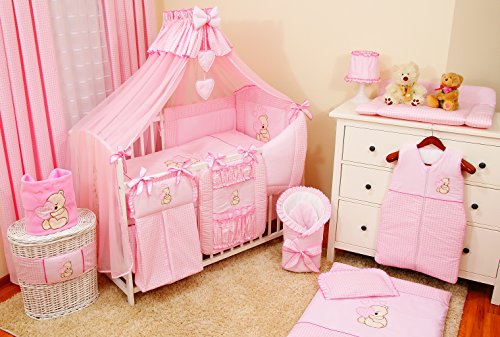 Conjunto de ropa de cama para cuna de bebé, 100% algodón, conjunto completo XXL de 10 piezas, diseño bordado de osito, incluye mosquitera rosa Rose Talla:120x60cm