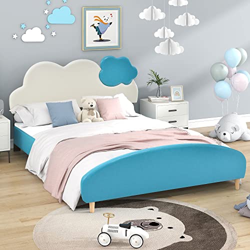 KecDuey Cama doble, cuna juvenil, cama tapizada con cabecero de nube, con somier de madera, piel sintética, azul y blanco (azul+blanco, 140 x 200 cm)