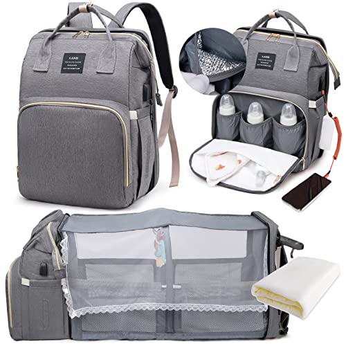 LEcylankEr Mochila para pañales con cuna – Gran mochila con cambiador y bolsa aislante, mosquitera y puerto de carga USB (gris)