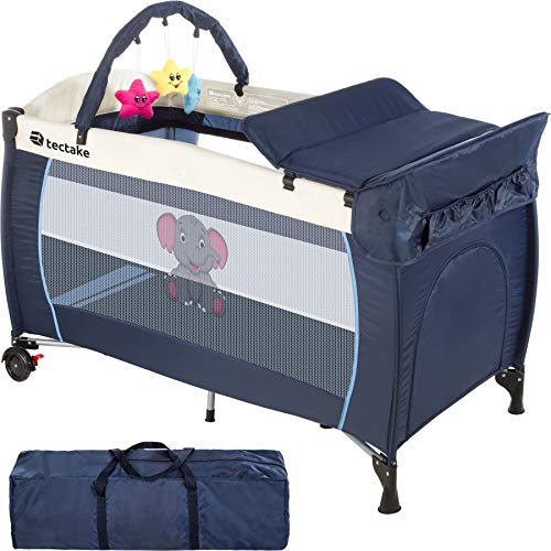 TecTake 800342 Cuna Infantil de Viaje portátil Altura Ajustable con Acolchado para bebé y Bolsa de Transporte, 132 x 75 x 104 cm (Azul | No. 402201)