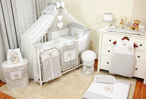Conjunto de ropa de cama para cuna de bebé, 100% algodón, conjunto completo XXL de 18 piezas, diseño bordado de osito, incluye mosquitera gris gris Talla:120x60cm