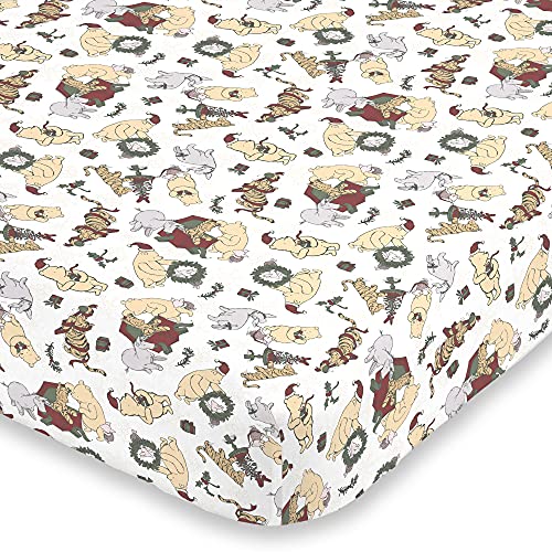 Disney Winnie The Pooh - Classic Pooh Tan and Green, Eeyore, Tigger and Piglet Super Soft Holiday Fitted Crib Sheet